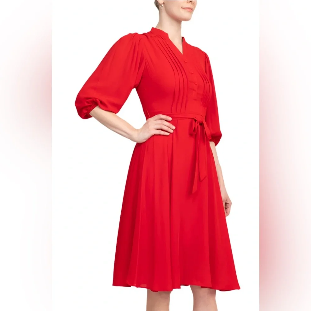 NWT Nanette Lepore Red Riding Hood Pleated Tie Waist A-Line Crepe Midi Dress - Picture 3 of 11